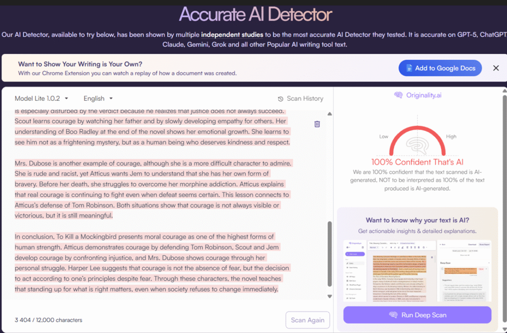 Originality.AI detector screenshot