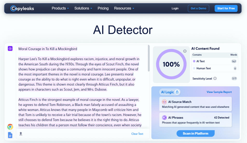 Copyleaks detector screenshot