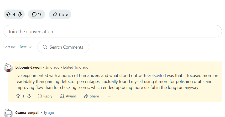 Reddit feedback about GetSolved improving readability and flow