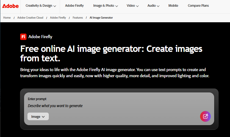 Adobe Firefly text-to-image page