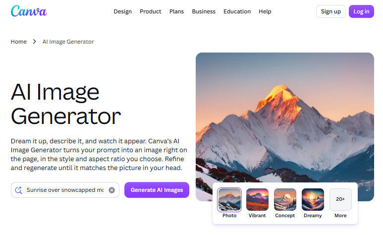 Canva AI image generator page
