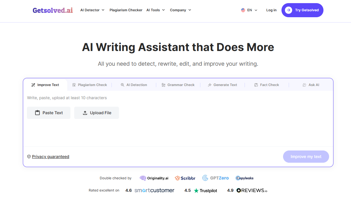 Getsolved AI writing tool homepage