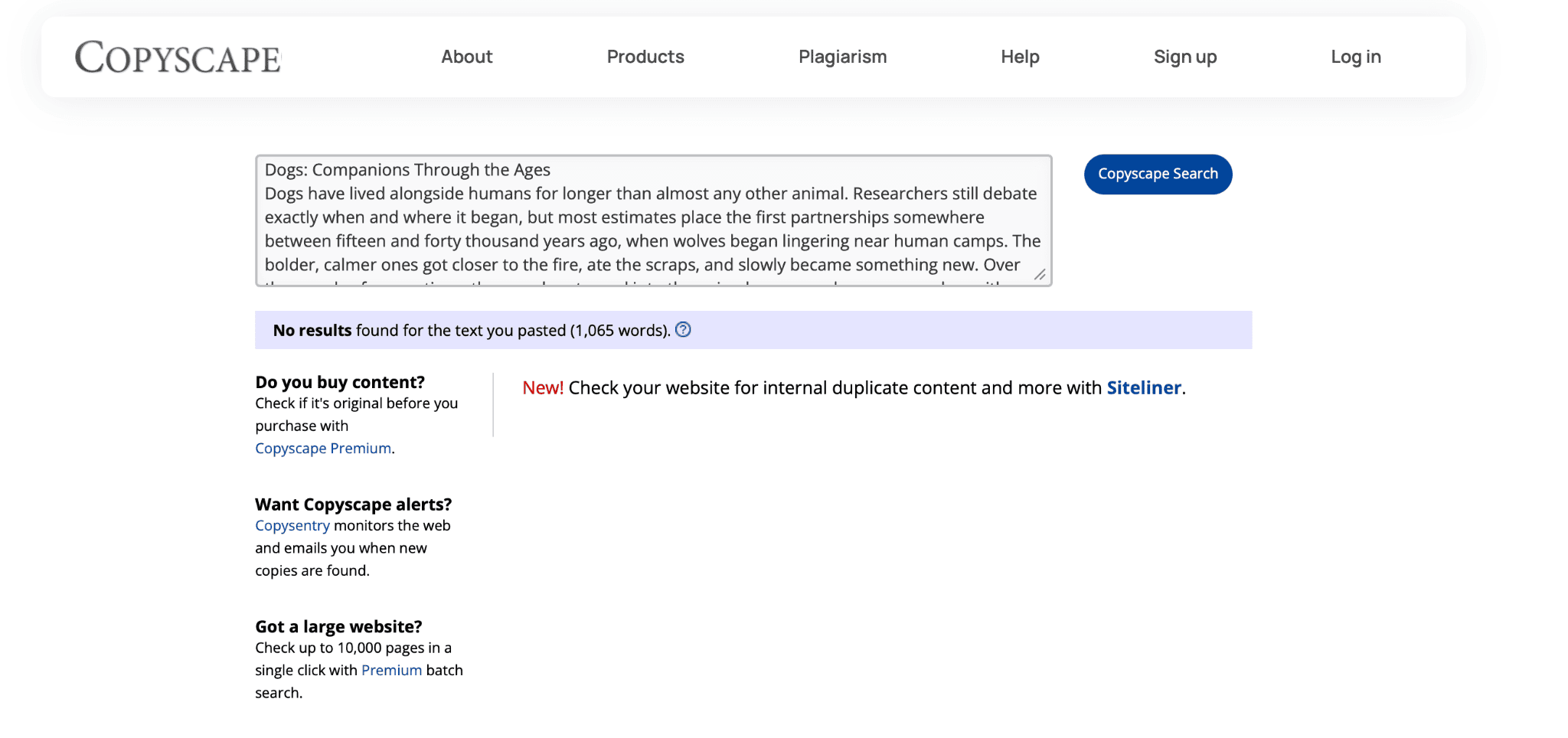 Copyscape search results for pasted text