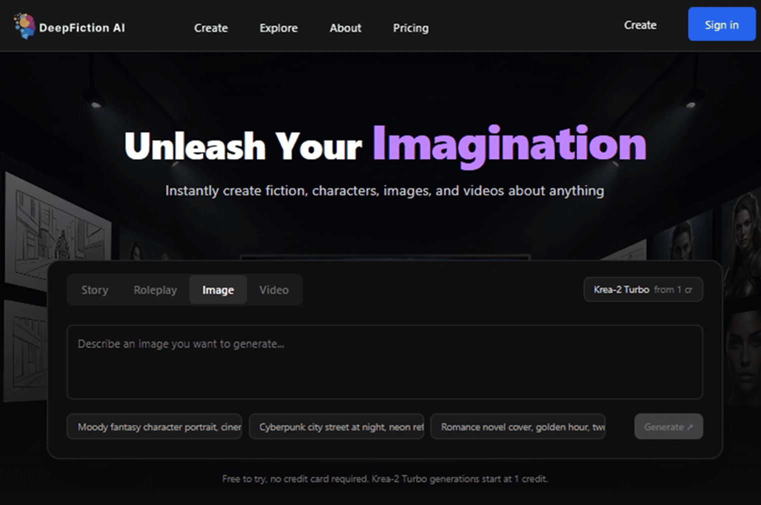 DeepFiction AI story generator homepage