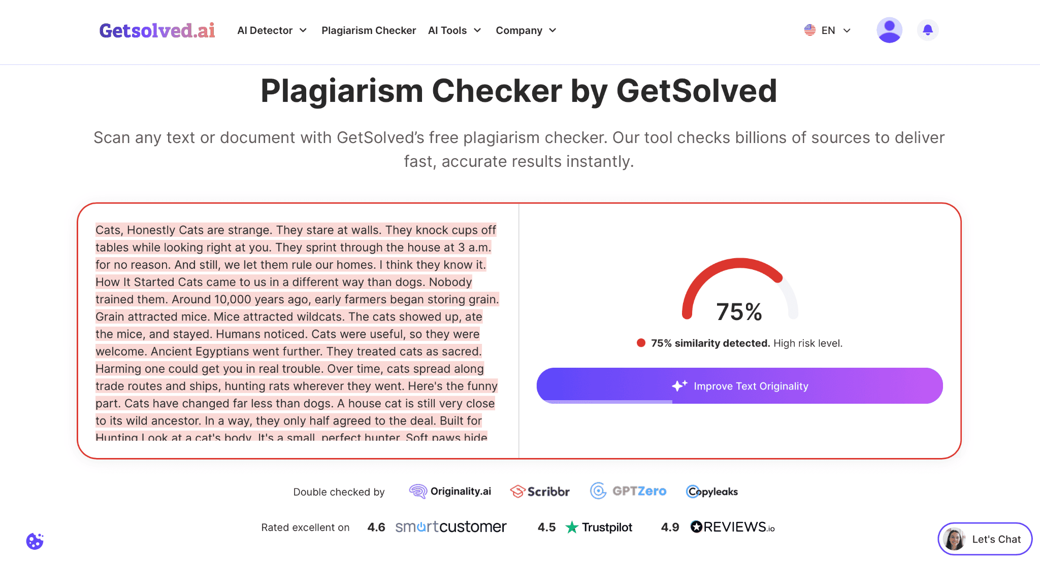 GetSolved plagiarism checker showing a 75% similarity result