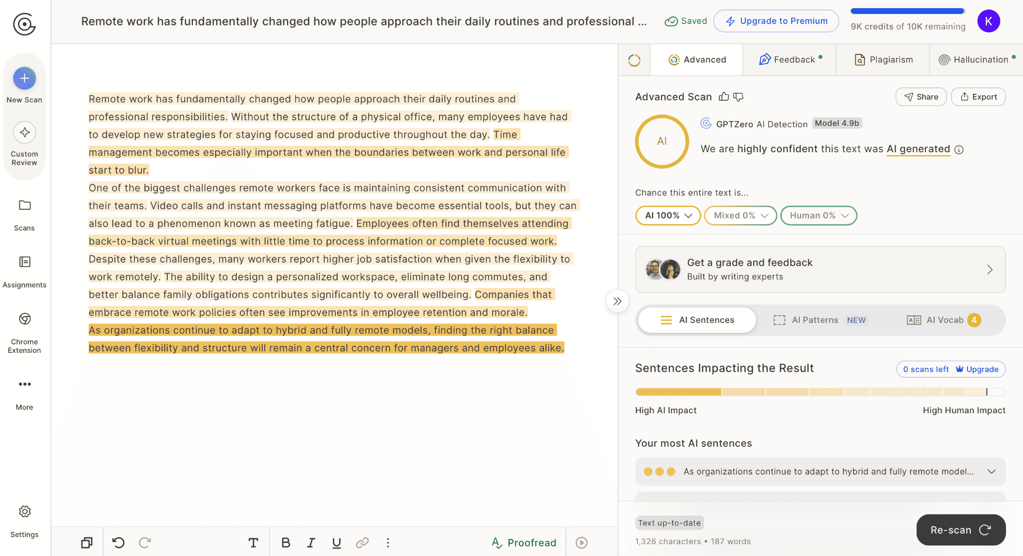 GPTZero advanced scan rating a text 100% AI-generated with highlighted sentences