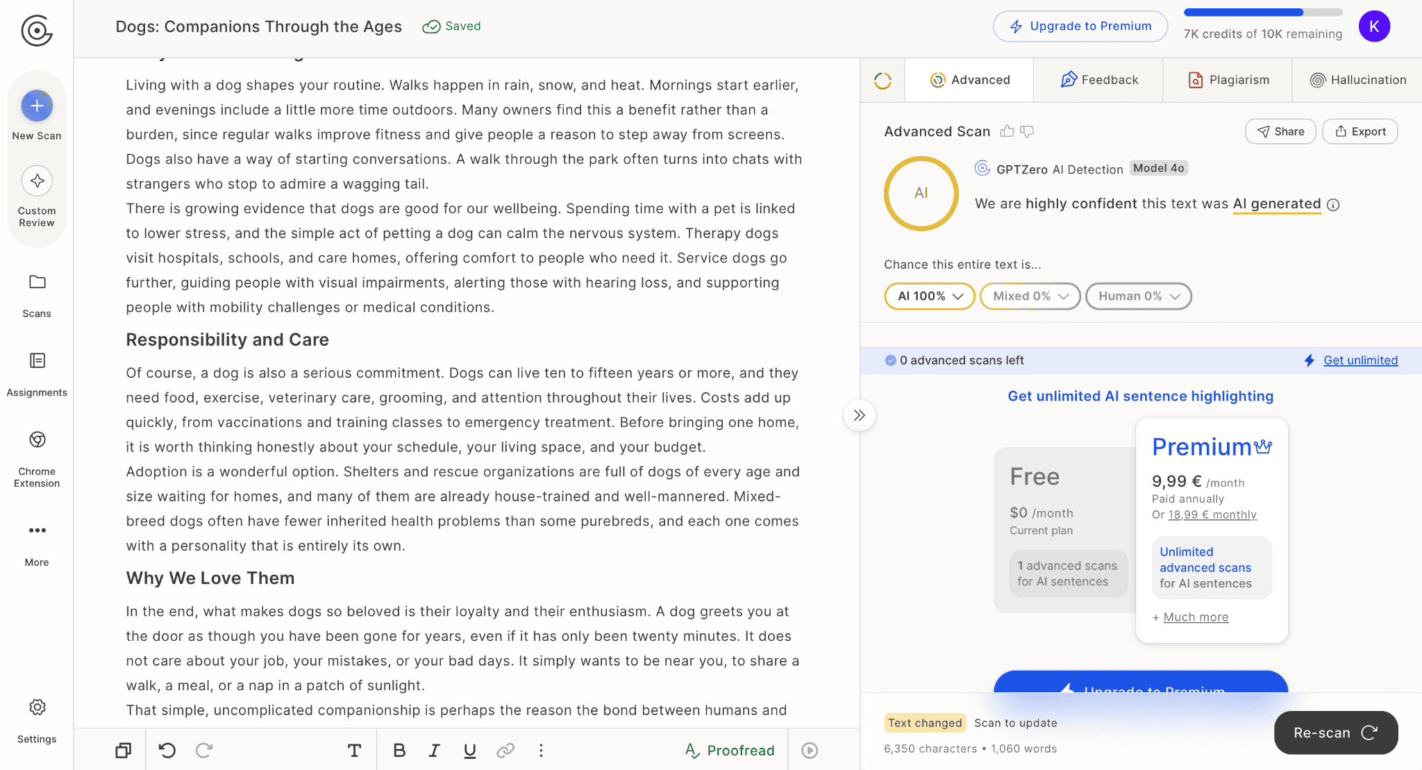 GPTZero scan rating an essay 100% AI-generated