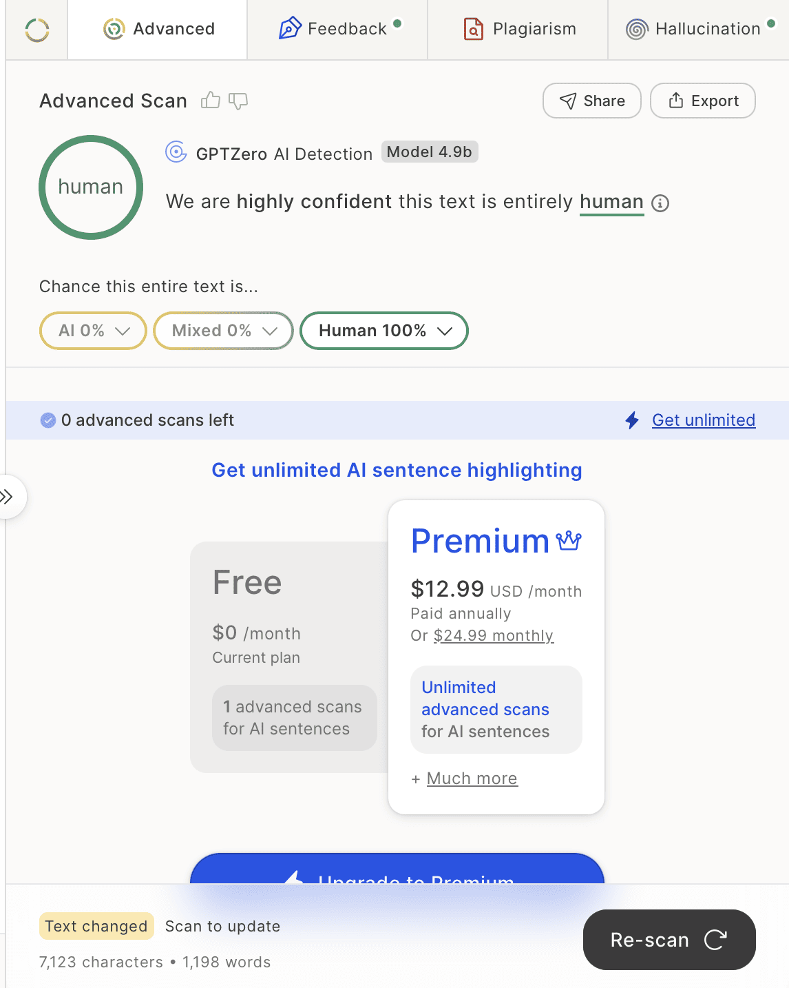 GPTZero scan rating text 100% human with Premium plan pricing
