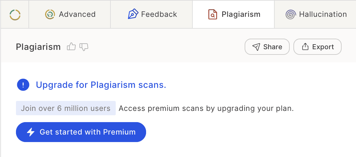 GPTZero plagiarism scan tab with premium upgrade prompt