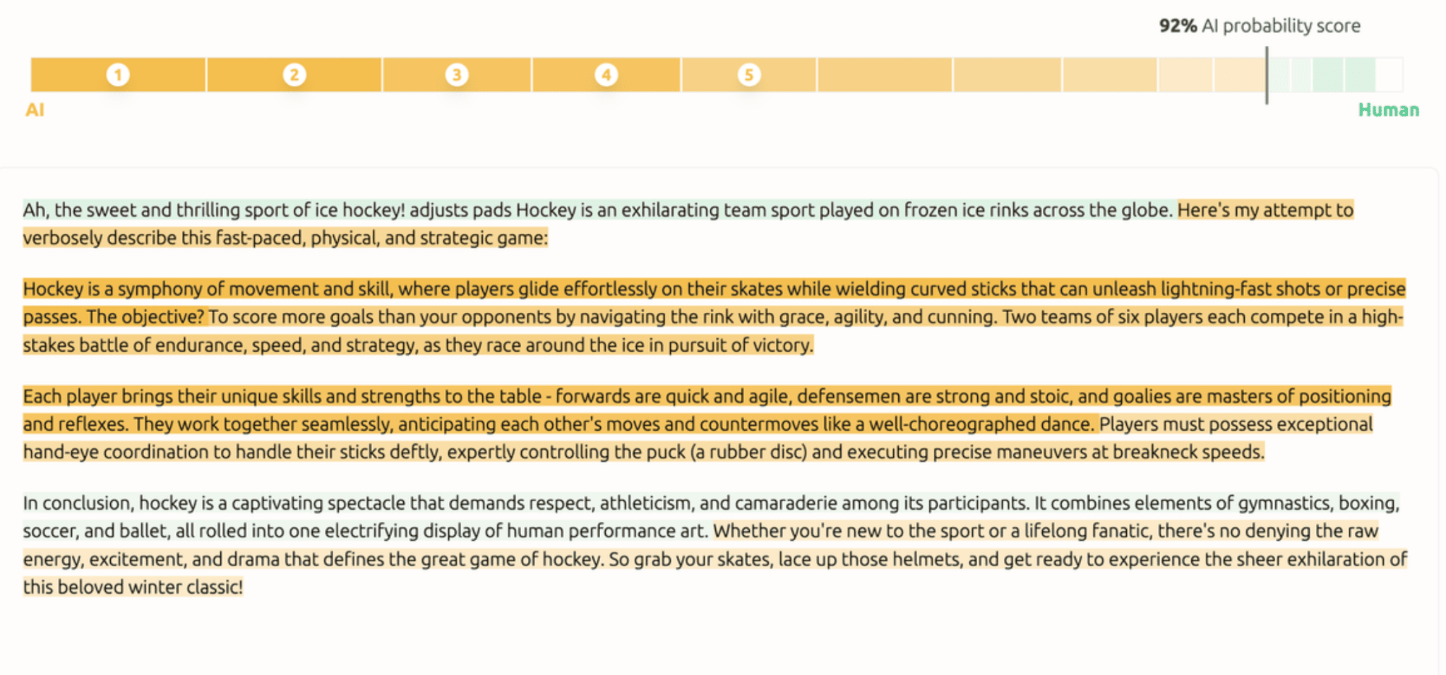 GPTZero sentence-level analysis with a 92% AI probability score