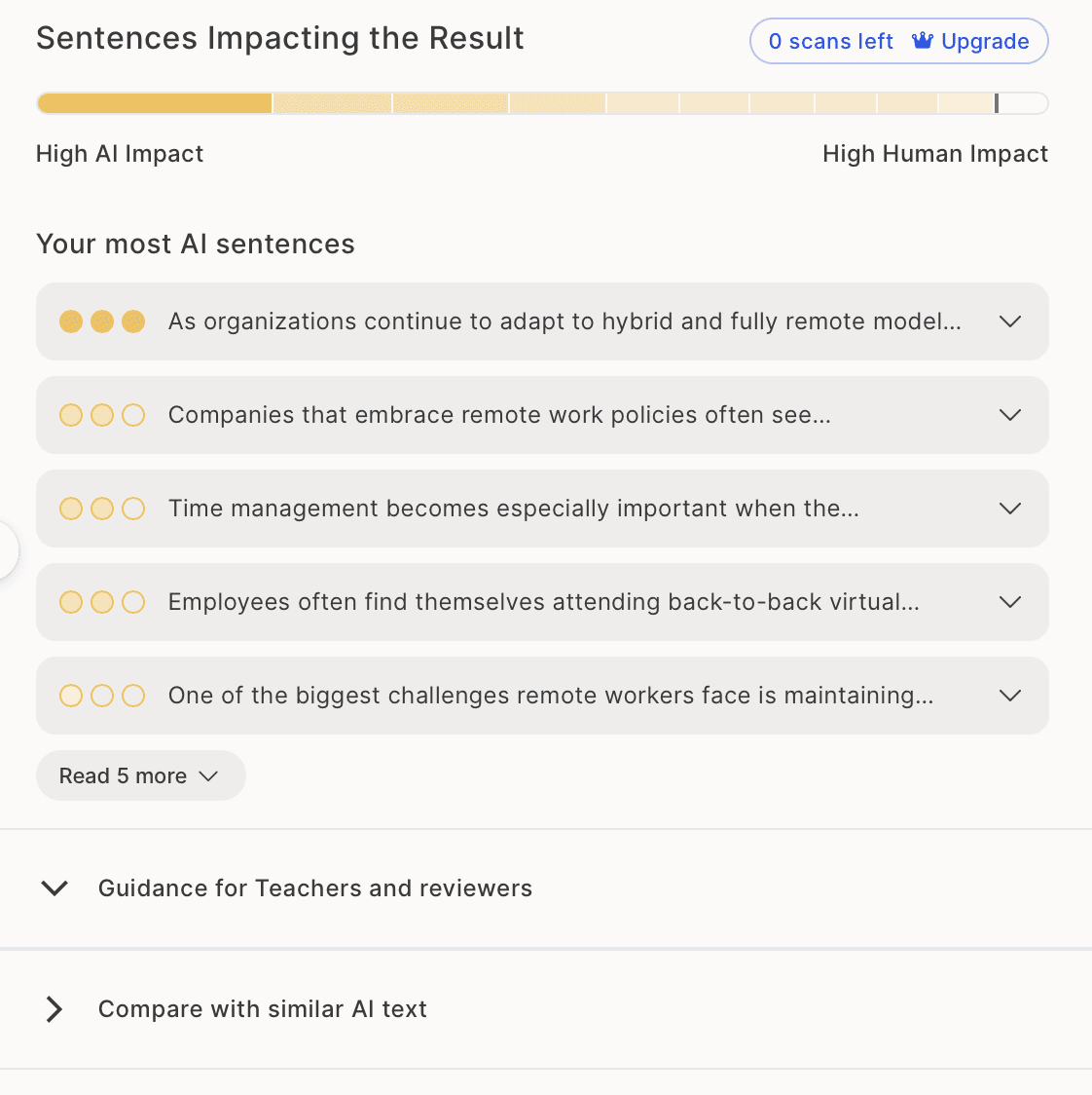 GPTZero list of sentences impacting the AI detection result
