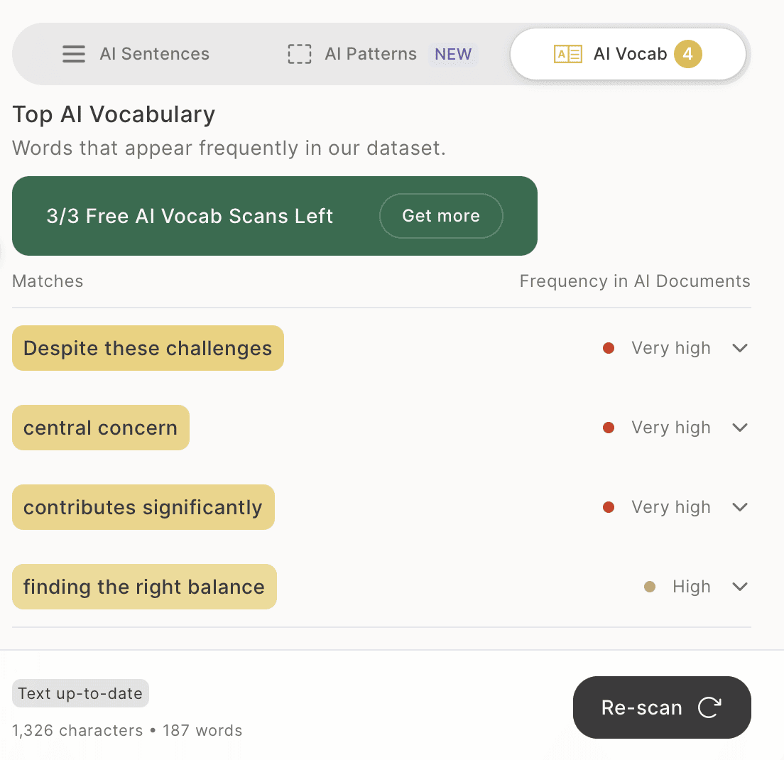 GPTZero Top AI Vocabulary panel with flagged phrases