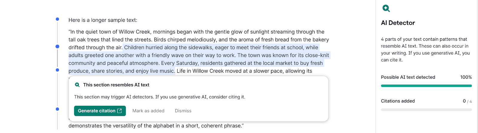 Grammarly AI Detector flagging a section that resembles AI text