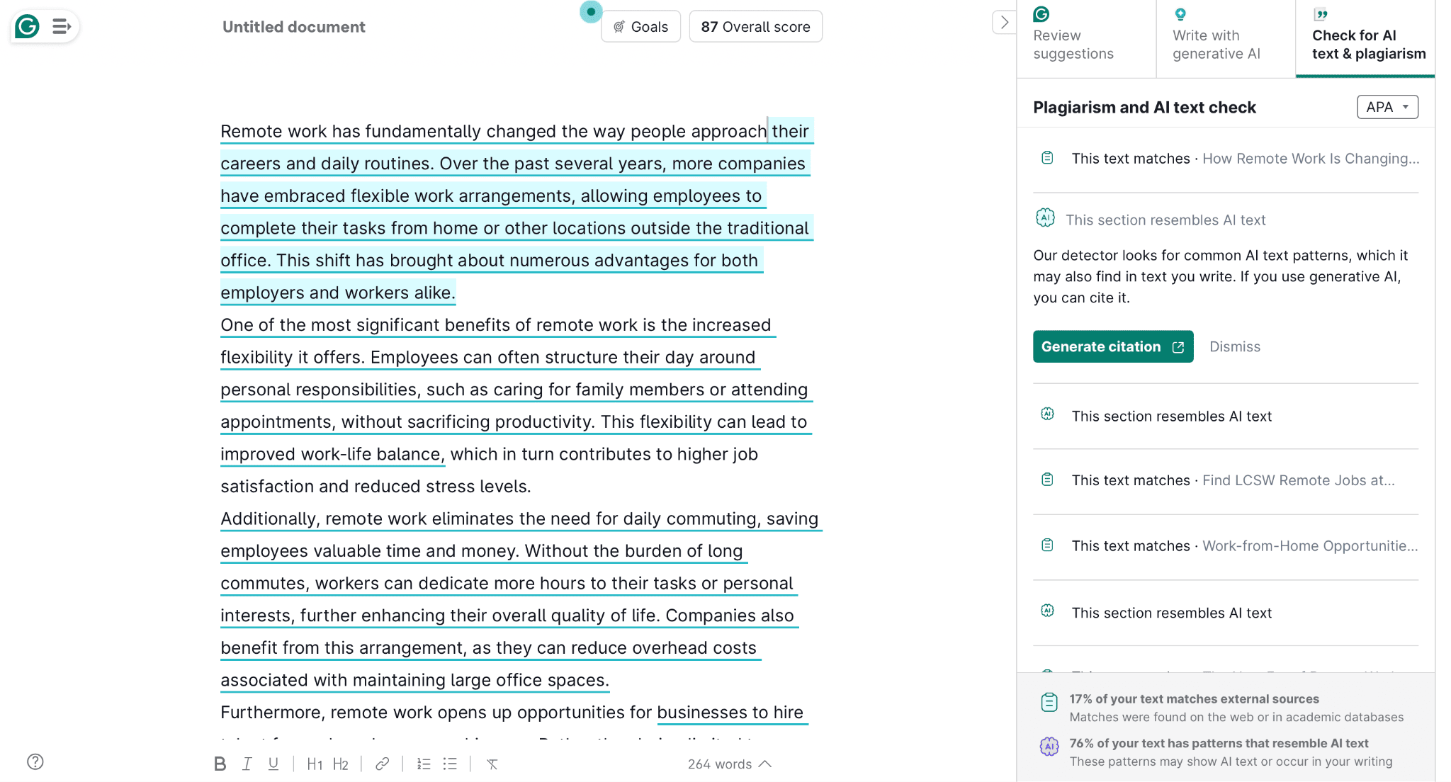 Grammarly AI check flagging an AI-generated text as 76% AI-like