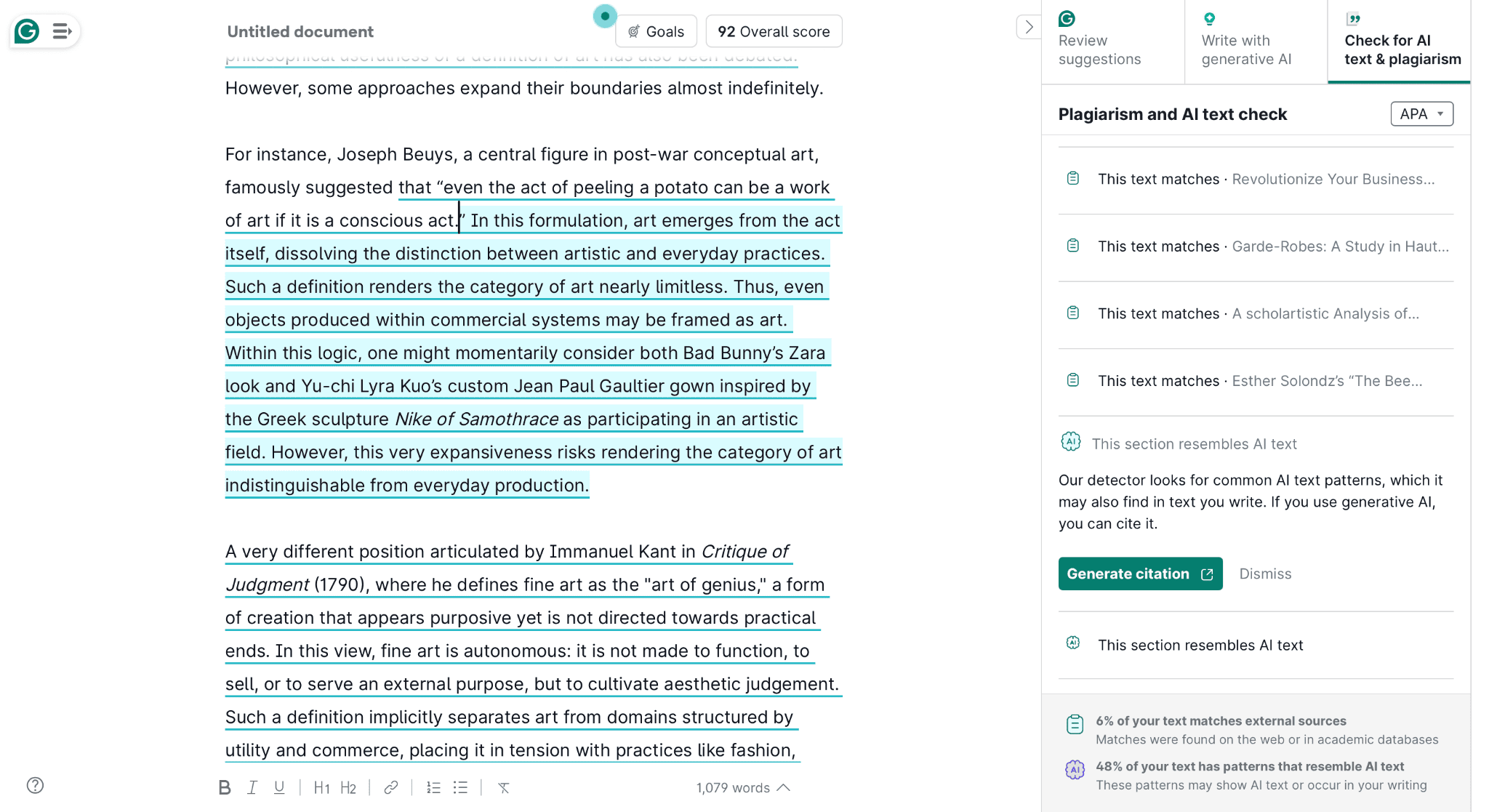 Grammarly AI check flagging a human-written essay as 48% AI-like
