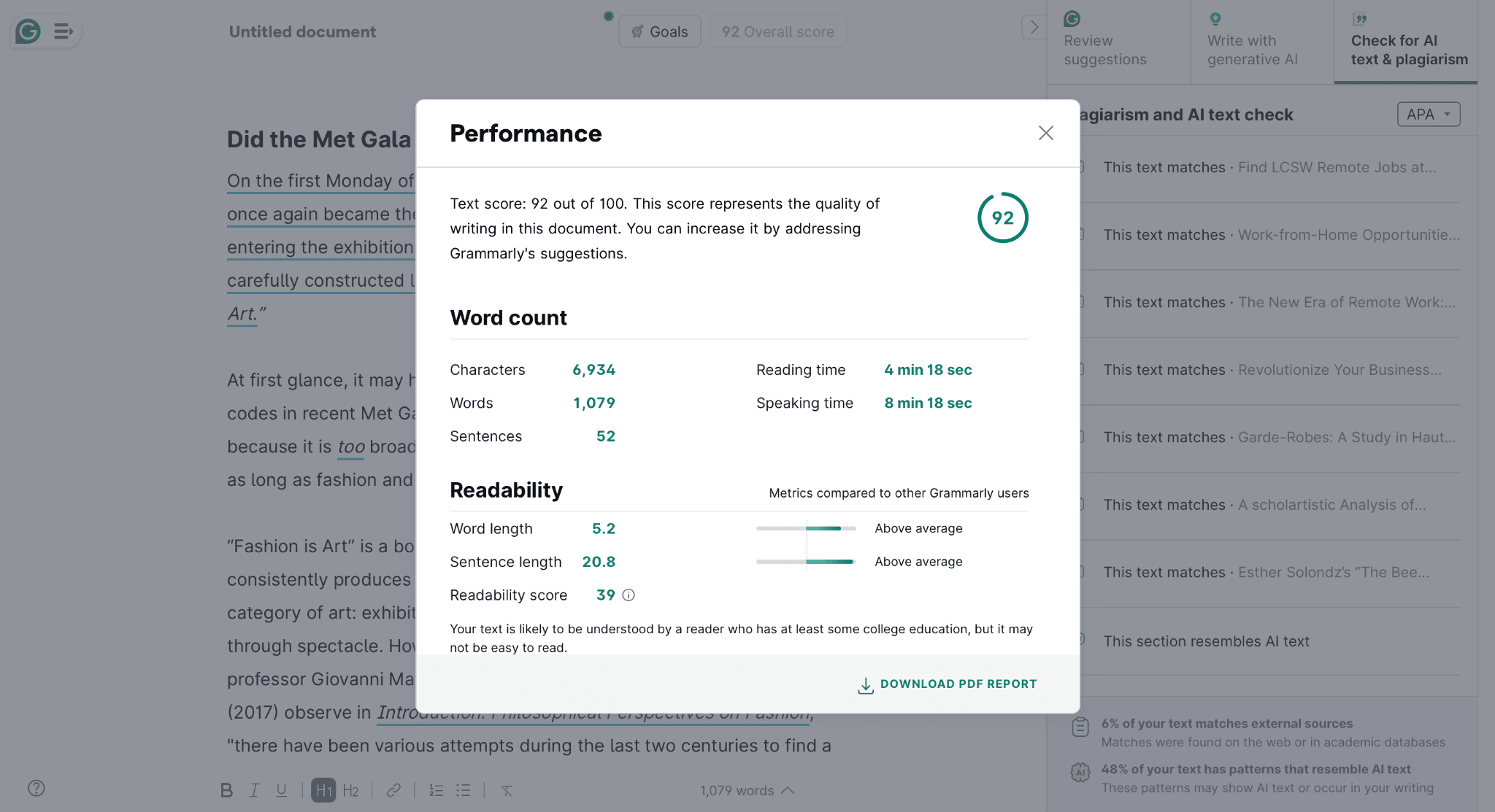 Grammarly performance report with word count and readability score