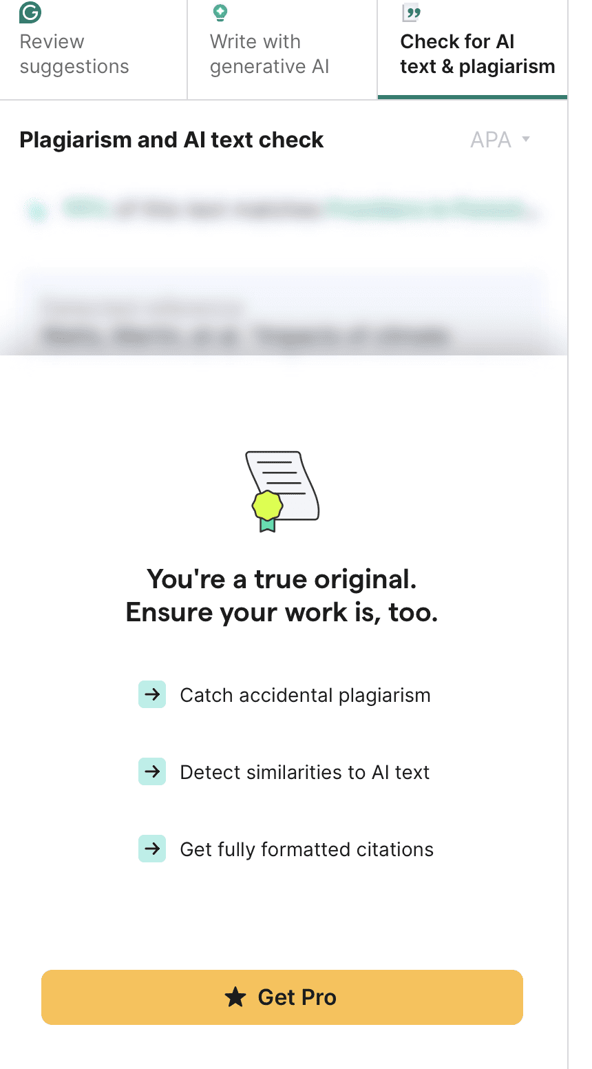 Grammarly plagiarism and AI text check panel
