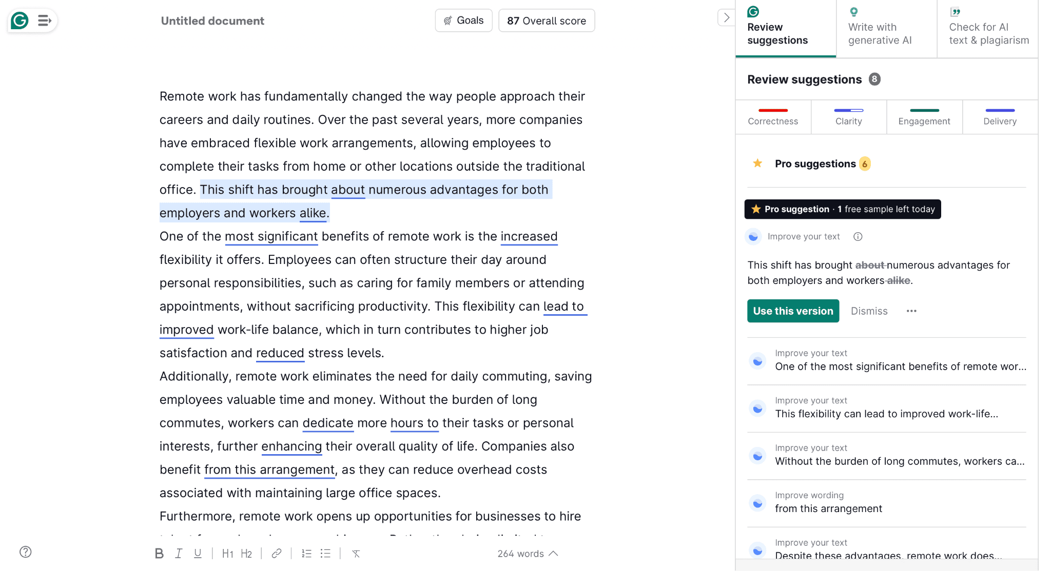 Grammarly review suggestions panel with Pro text improvements