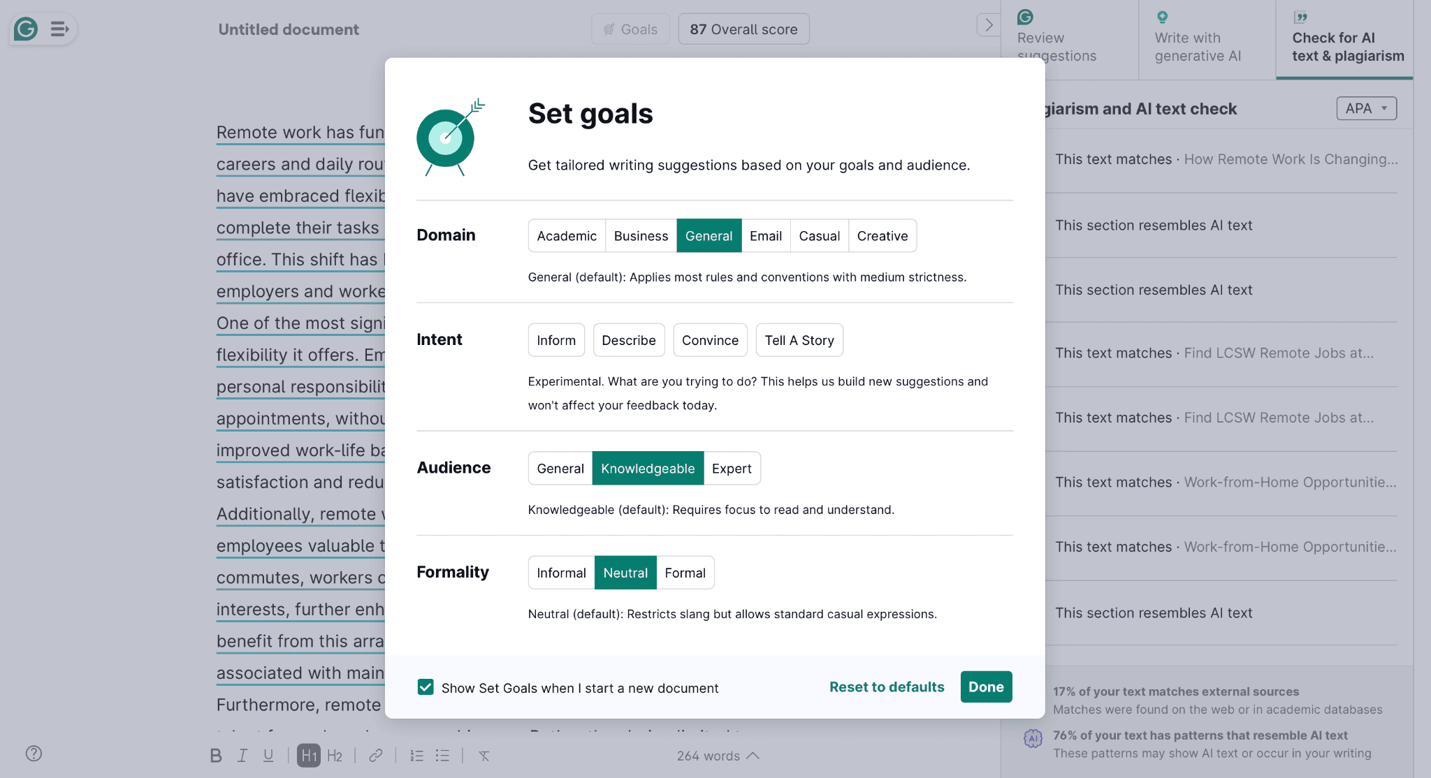 Grammarly Set Goals settings for domain, intent, audience and formality