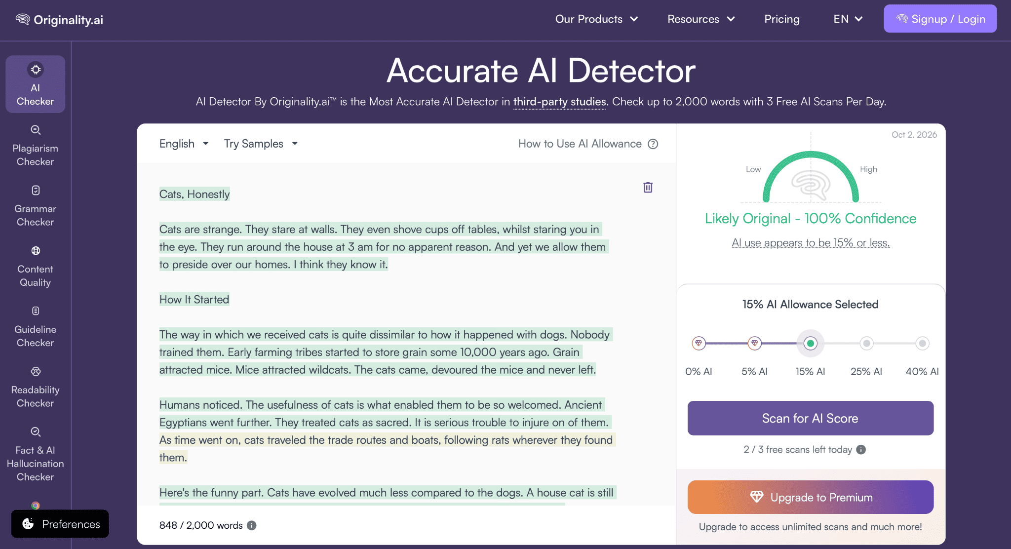 Originality.ai rating HIX Bypass humanized text as likely original
