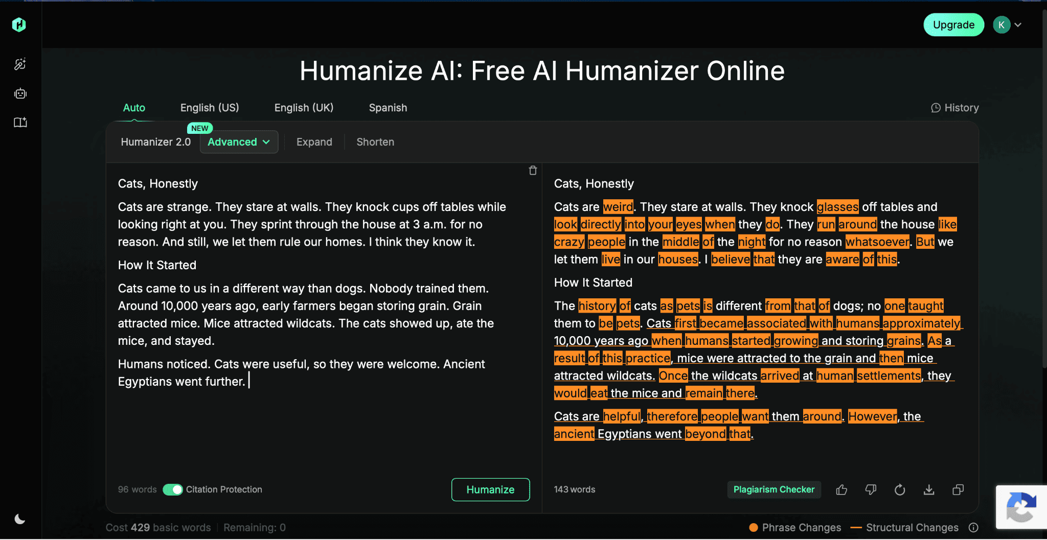 Humbot advanced humanizer with highlighted phrase changes