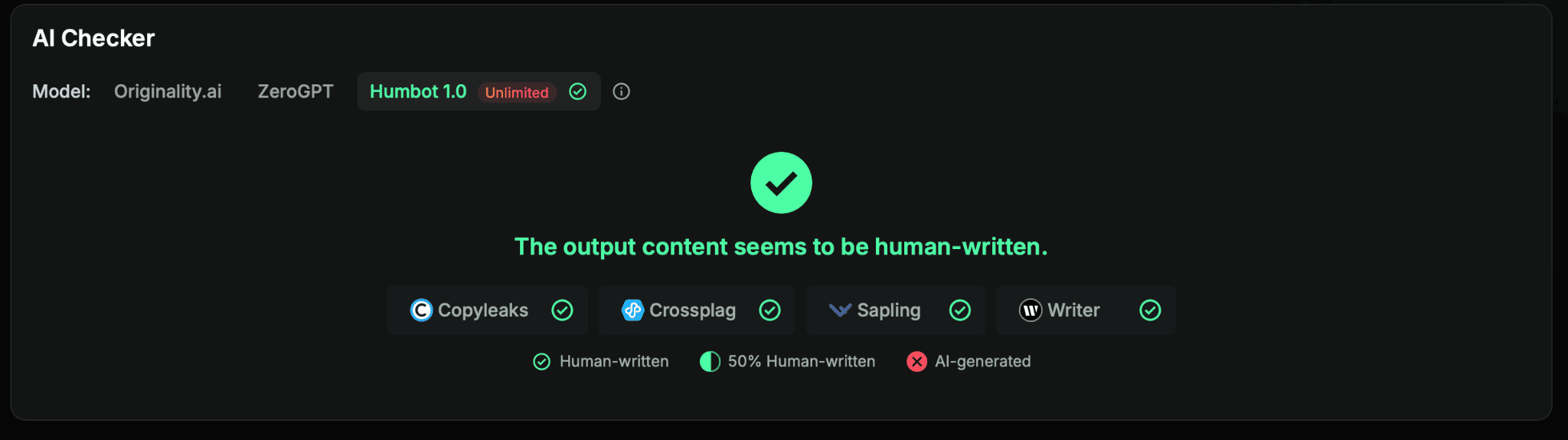 Humbot AI checker marking output as human-written