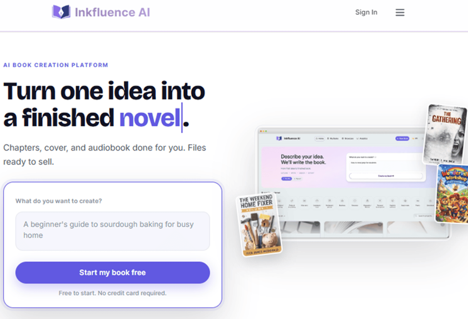 Inkfluence AI ebook creator homepage