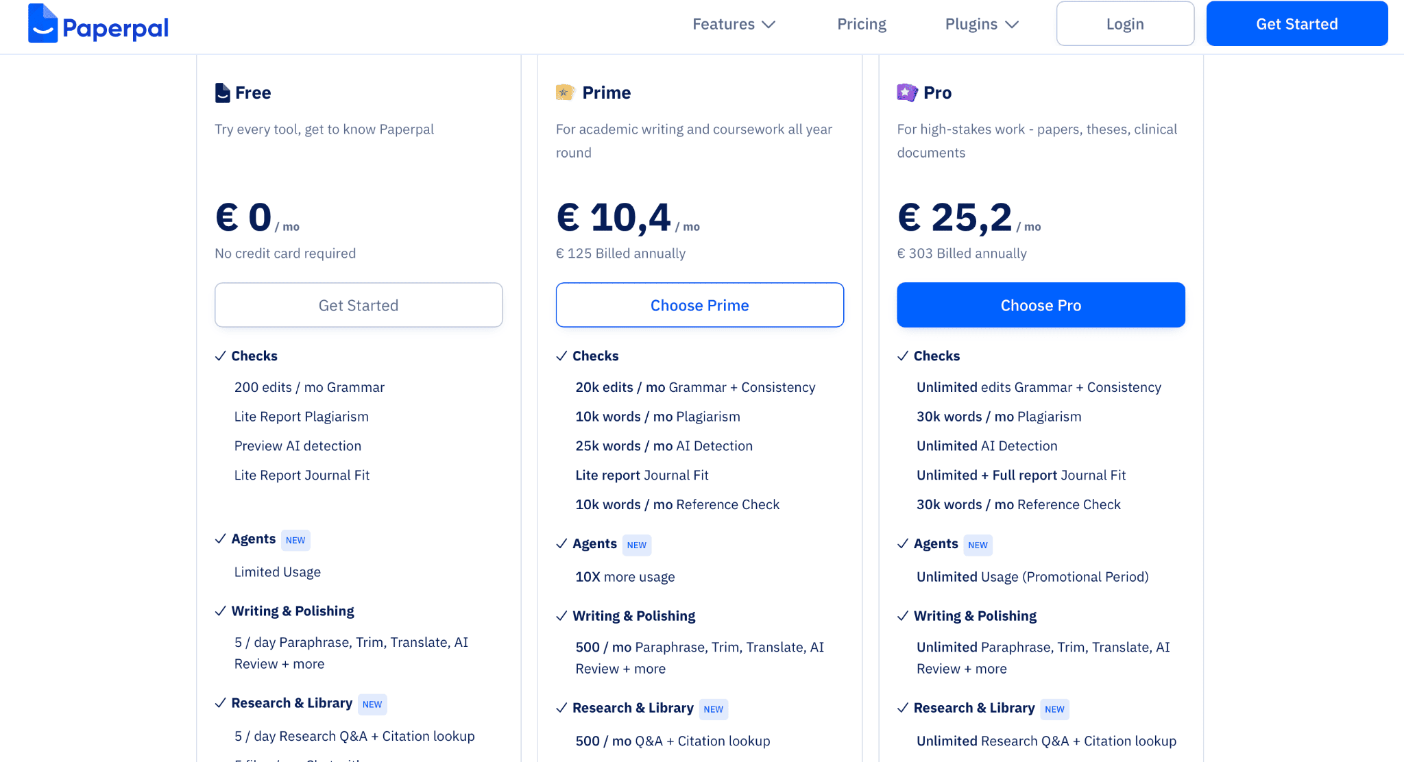 Paperpal free, Prime and Pro pricing plans