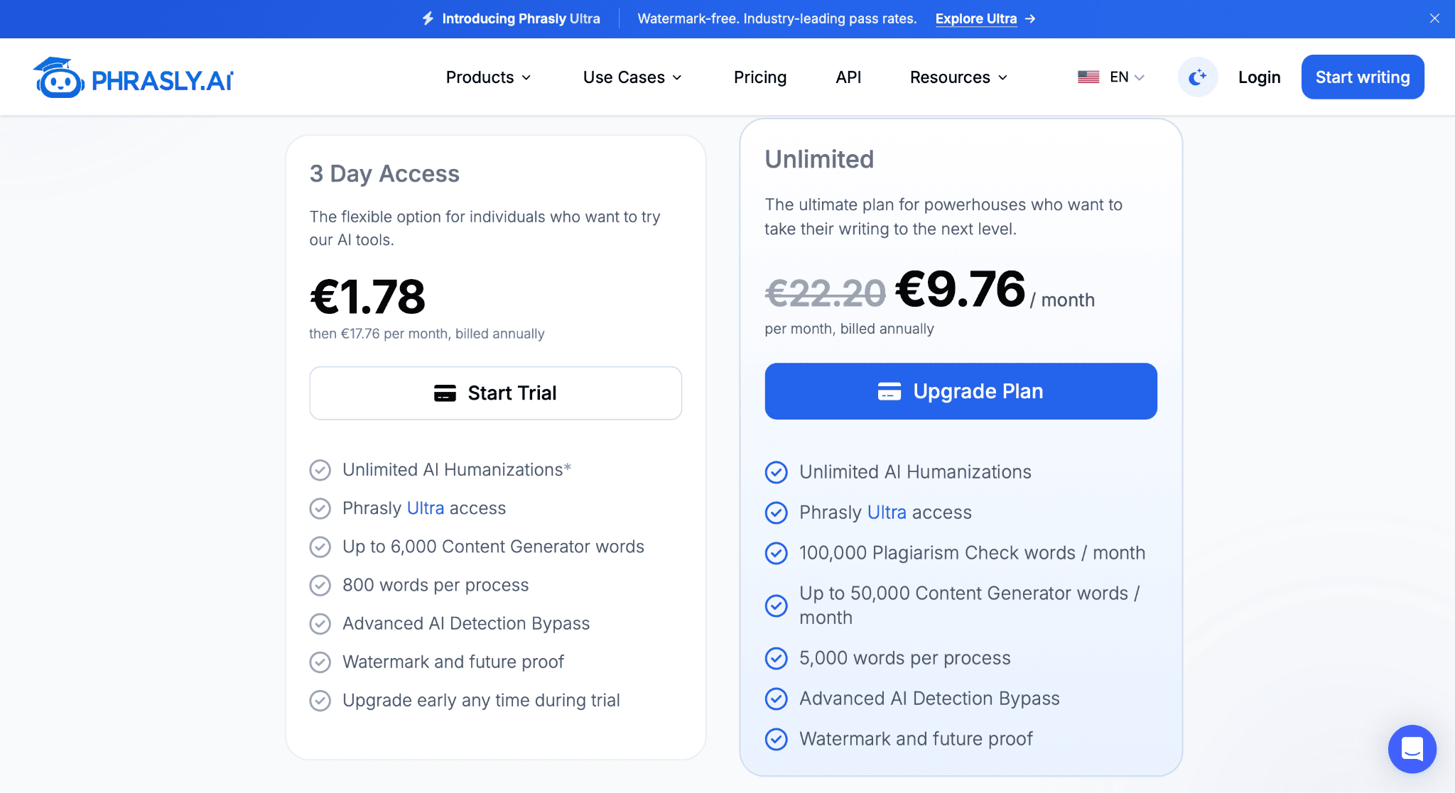 Phrasly 3-day access and Unlimited pricing plans