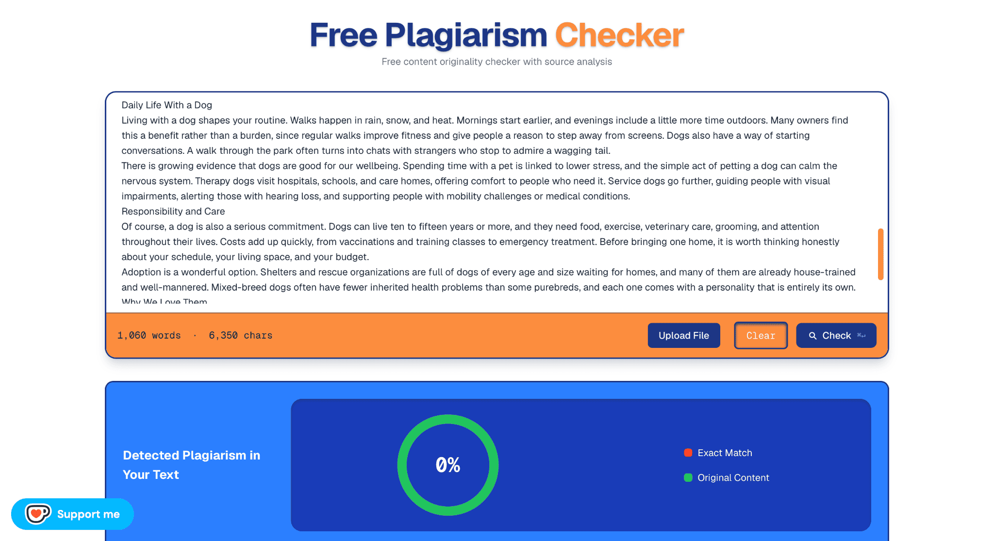 Free plagiarism checker result showing 0% detected plagiarism