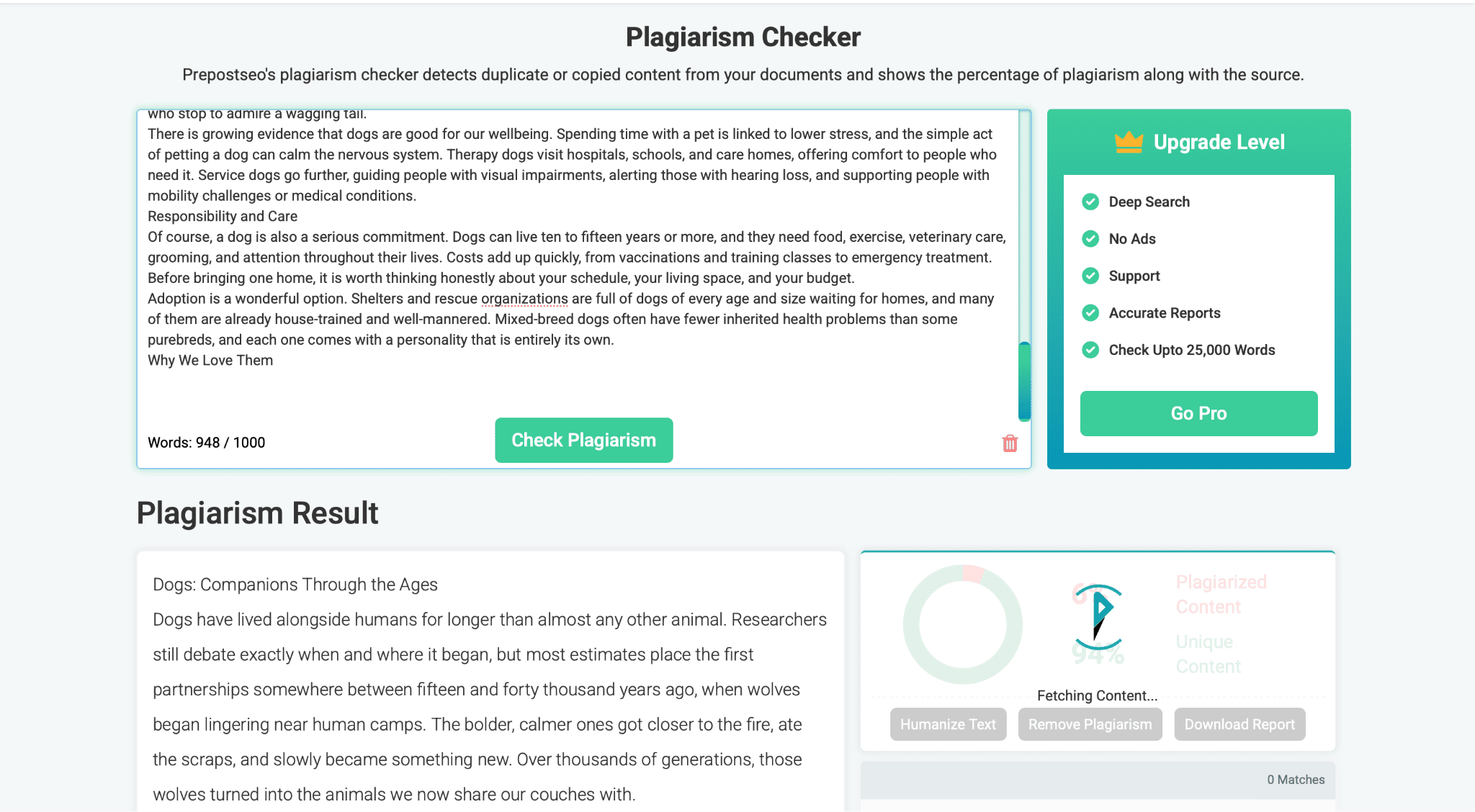 PrePostSEO plagiarism checker and result panel