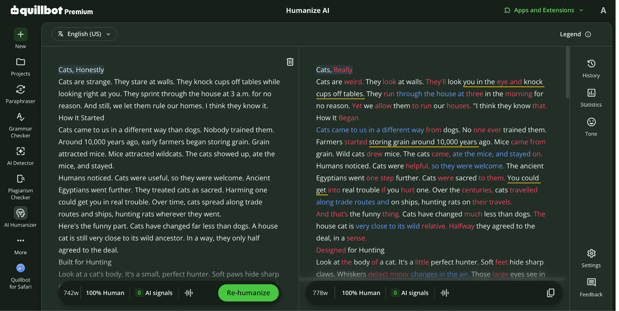 QuillBot AI Humanizer result rated 100% human
