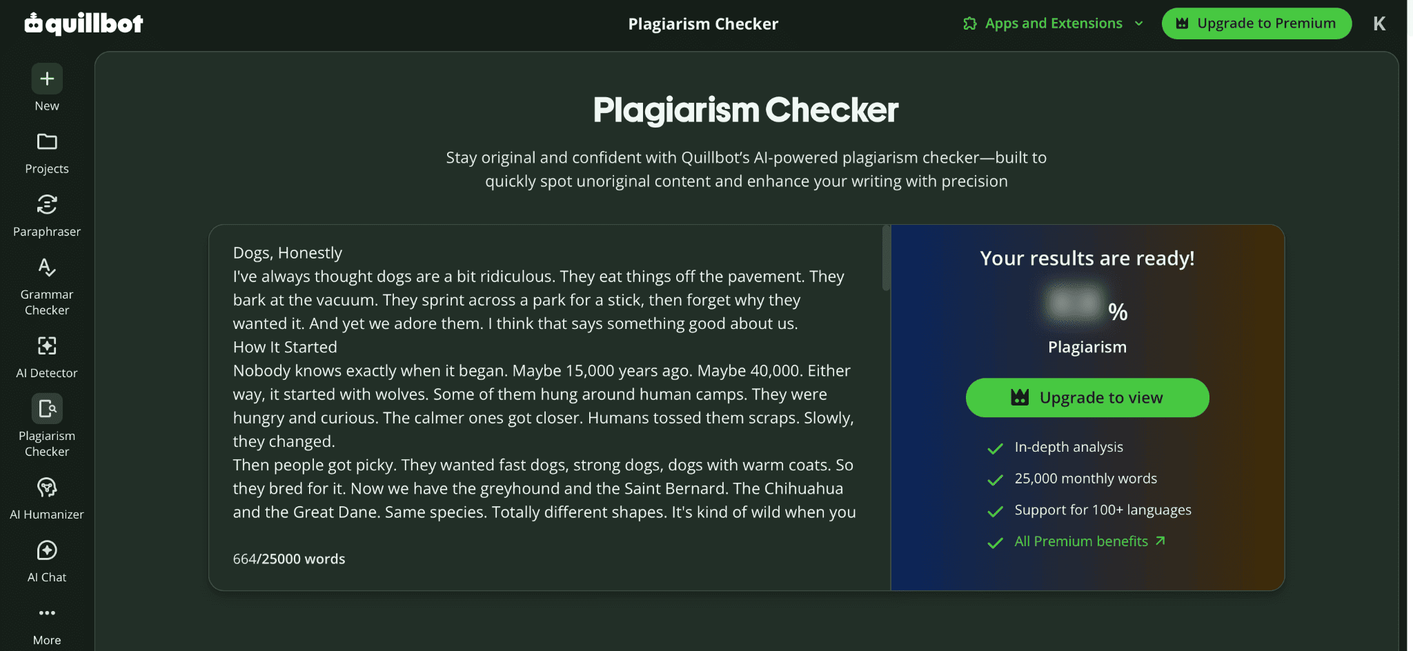 QuillBot plagiarism checker results screen