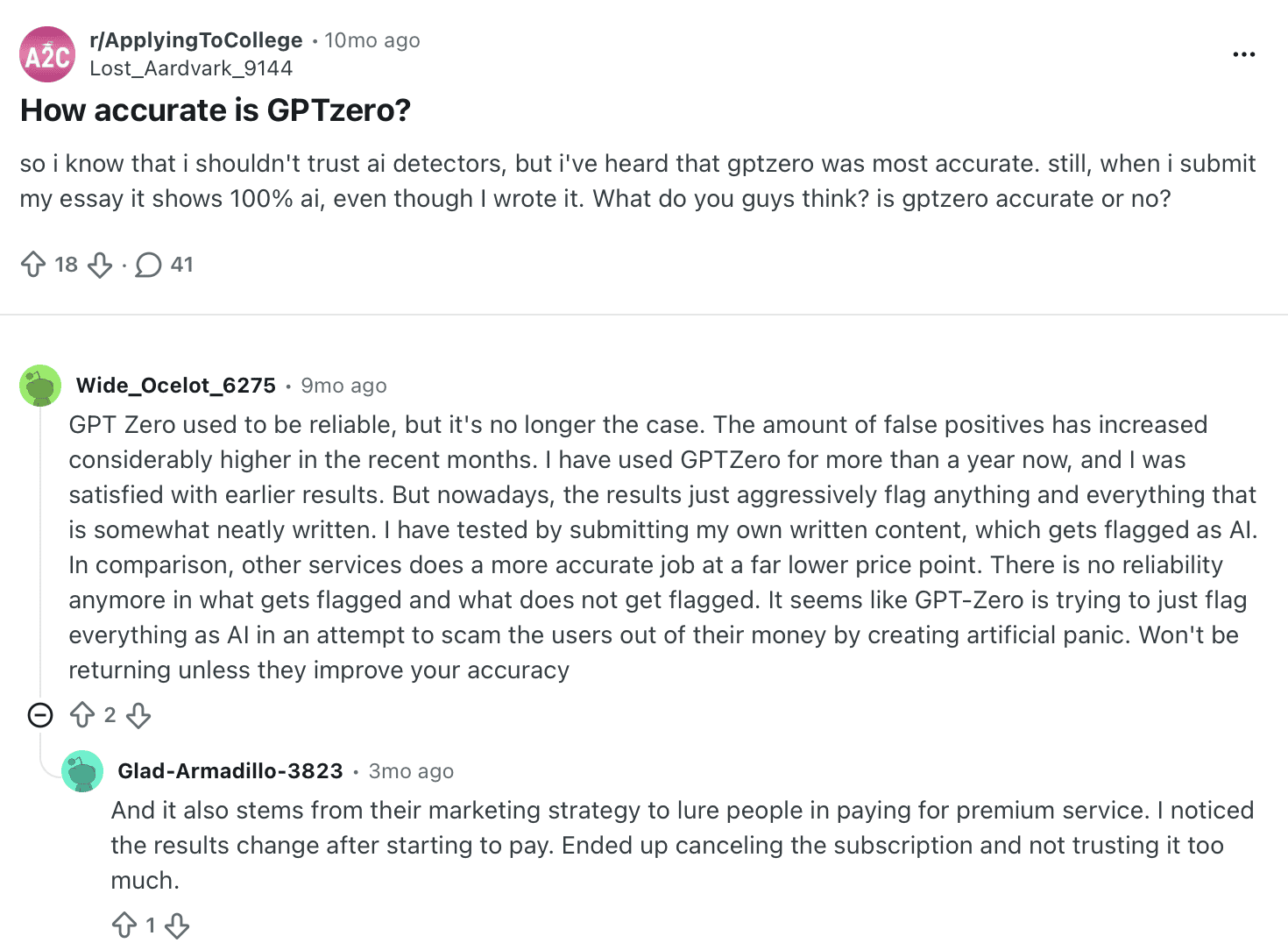 Reddit thread about GPTZero flagging a human-written essay as 100% AI