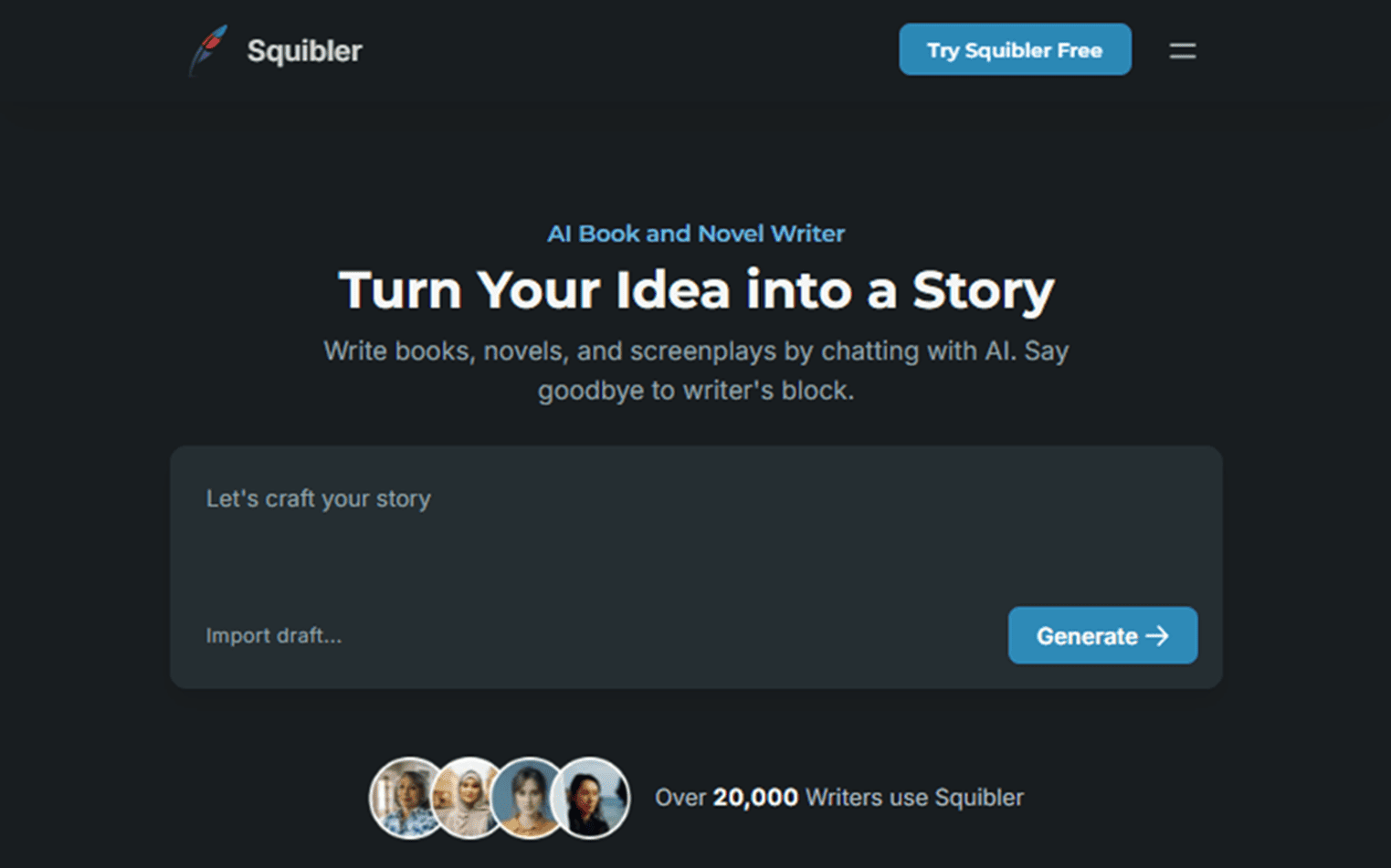 Squibler AI manuscript writer homepage