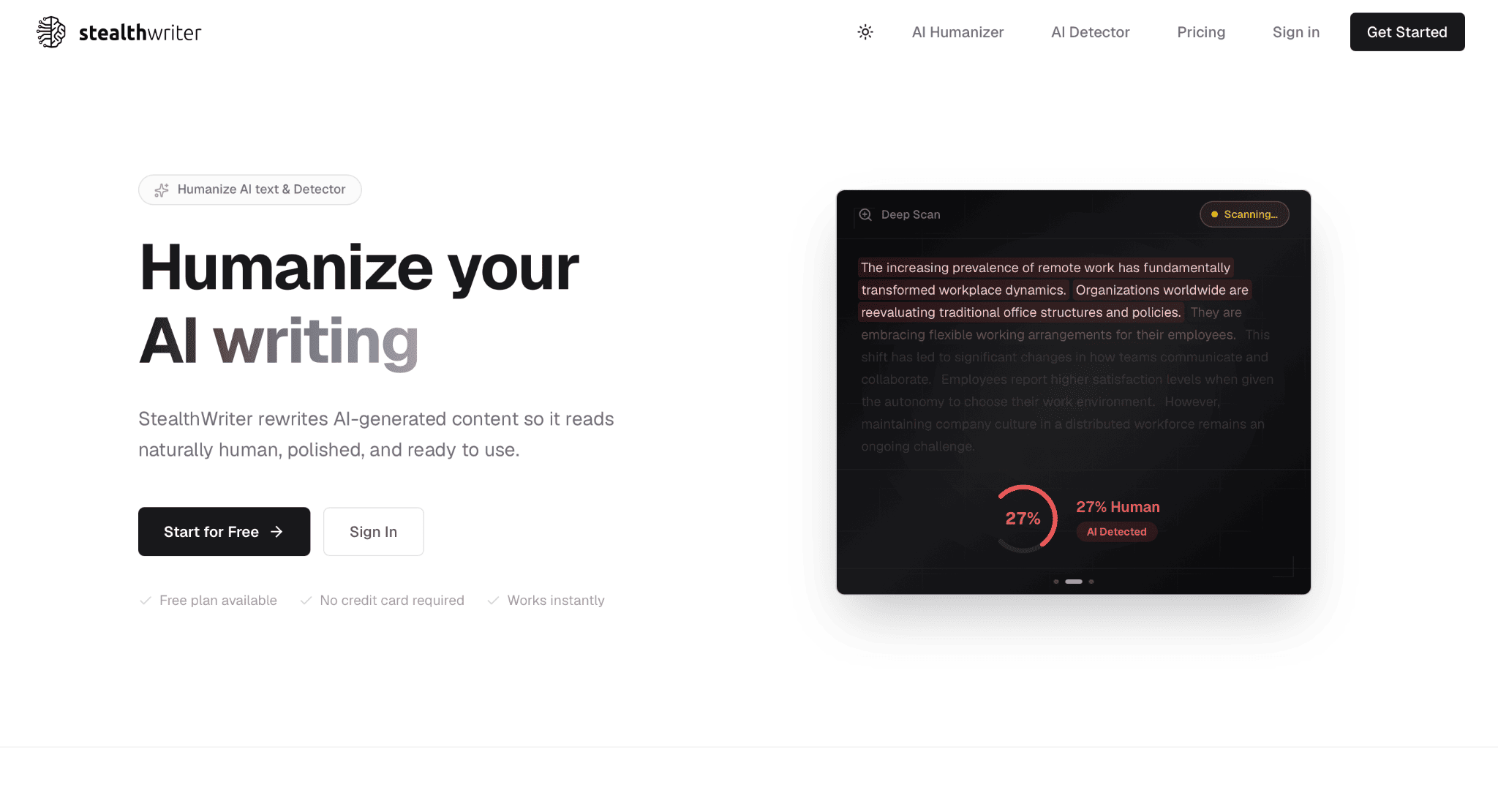 StealthWriter homepage with Deep Scan AI detection