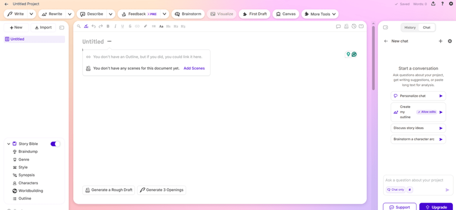 Sudowrite fiction editor interface