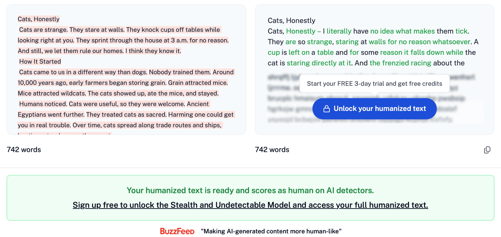 Undetectable AI humanizer showing original and humanized text