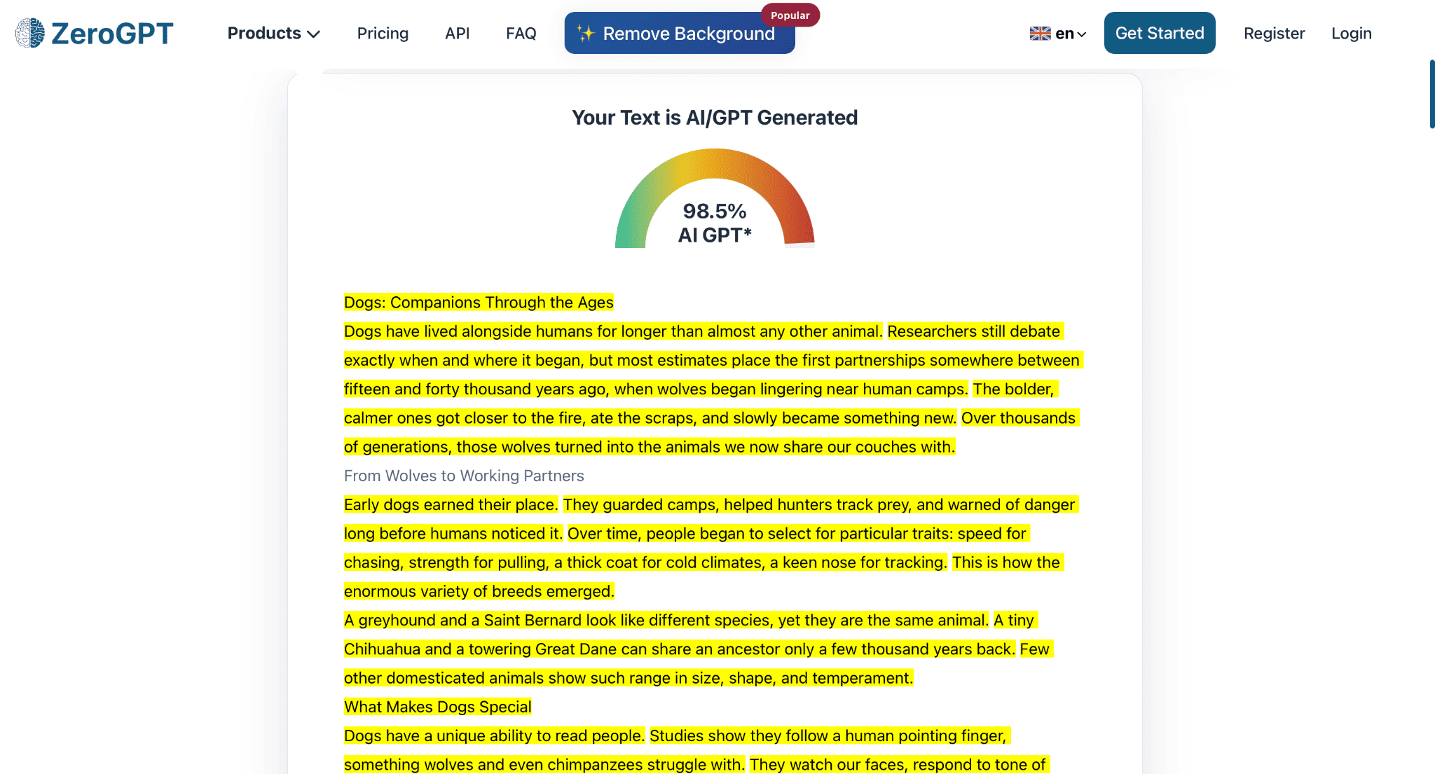ZeroGPT scan rating an essay 98.5% AI-generated